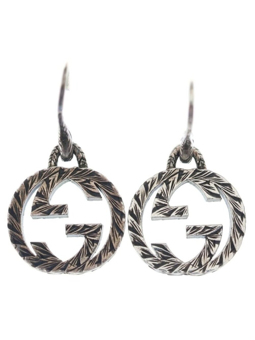 Gucci GG Logo Arabesque Hook Earrings Silver